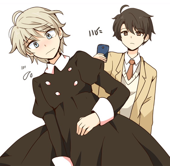 2boys, aldnoah.zero, blue_eyes, blush, brown_eyes, brown_hair, crossdressinging, kaizuka_inaho