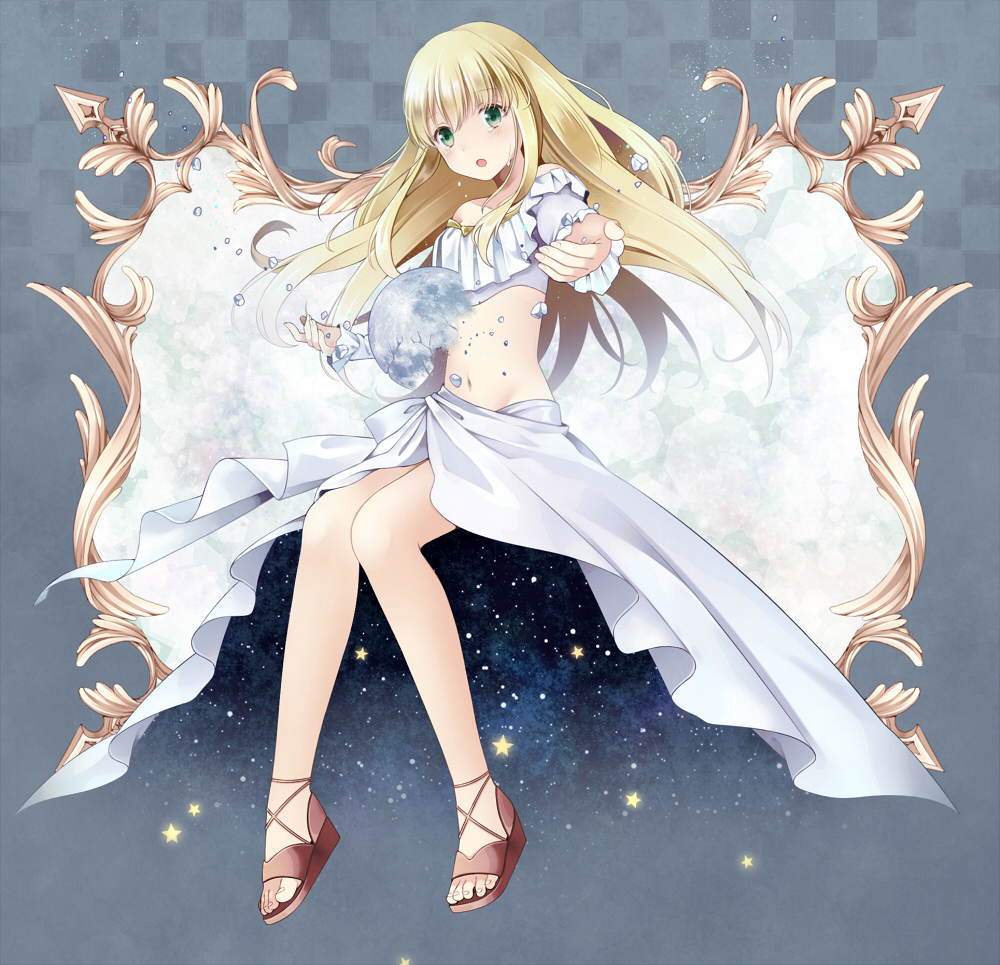 1girl, aldnoah.zero, asseylum_vers_allusia, bare_shoulders, blonde_hair, edamame_888, green_eyes, long_hair, midriff, sandals, tears
