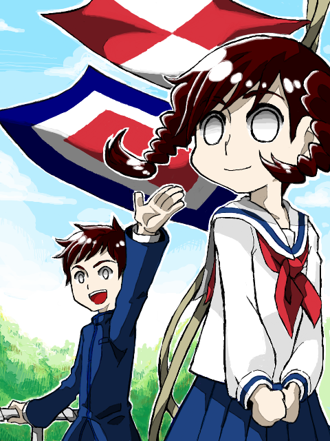 1boy, 1girl, arm_up, black_hair, braid, brown_hair, flag, kazama_shun