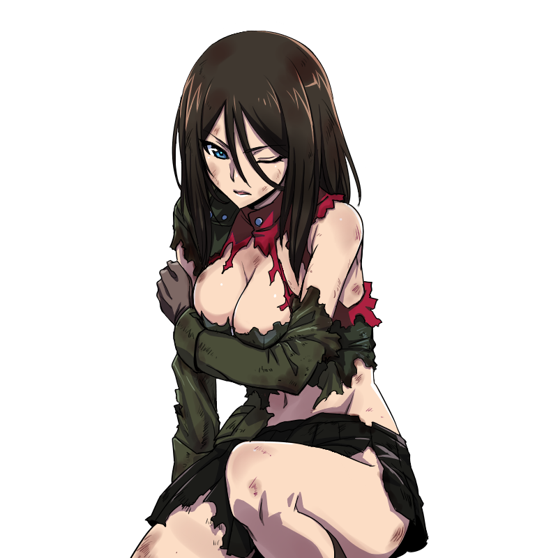 1girl, blue_eyes, boots, breasts, brown_hair, cleavage, dirty, girls_und_panzer