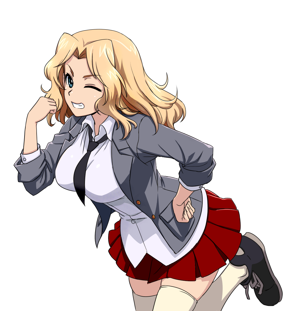 blazer, blonde_hair, blouse, blue_eyes, dress_shirt, girls_und_panzer, grin, hand_on_hip