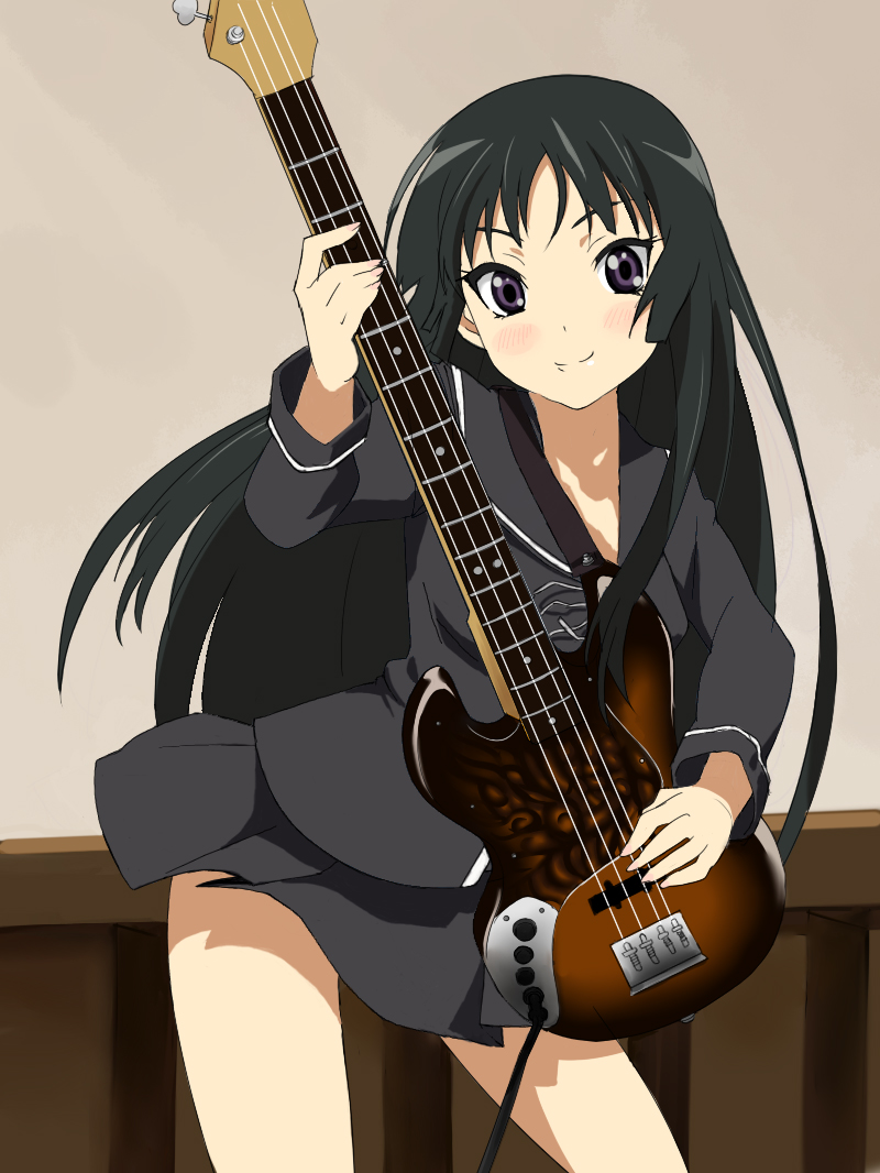 akiyama_mio, bass_guitar, black_hair, blunt_bangs, blush, cosplay, crossover, ga-rei
