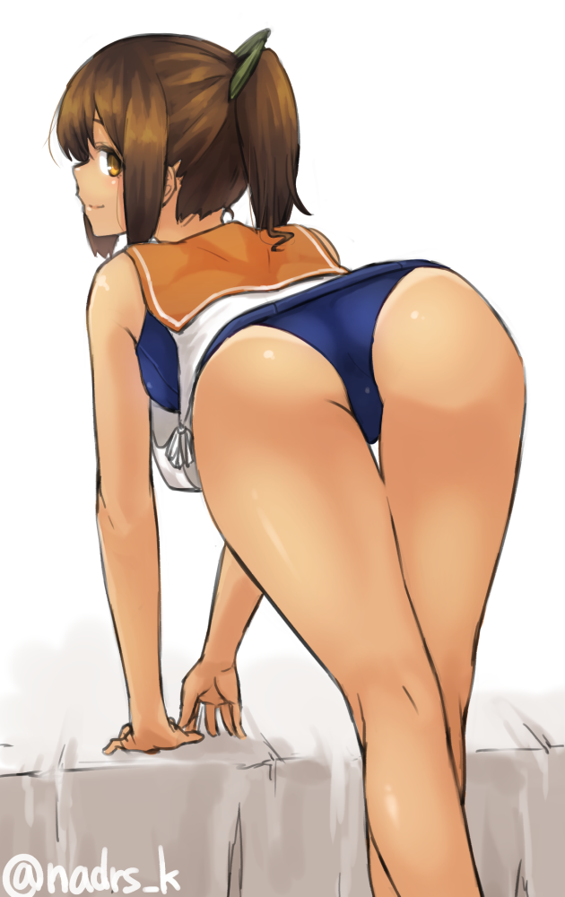 1girl, arm_support, ass, bare_shoulders, blush, brown_eyes, brown_hair, i-401_(kantai_collection)