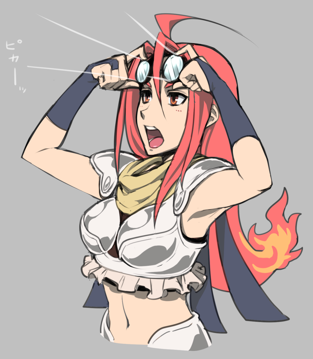 1girl, ahoge, armpits, arms_up, black_gloves, bridal_gauntlets, bust, chandra_nalaar, gloves, goggles, goggles_on_head, grey_background, magic:_the_gathering, midriff, navel, noname_(metaldragonfly), open_mouth, red_eyes, redhead, scarf, solo