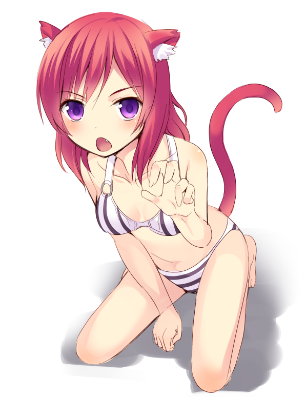 1girl, :o, animal_ears, arm_support, bikini, blush, cat_ears, cat_tail