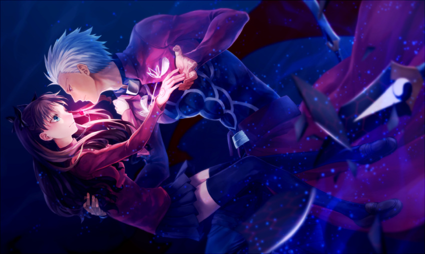 1boy, 1girl, archer, brown_hair, fate/stay_night, fate_(series), jewelry, kanshou_&amp;_bakuya