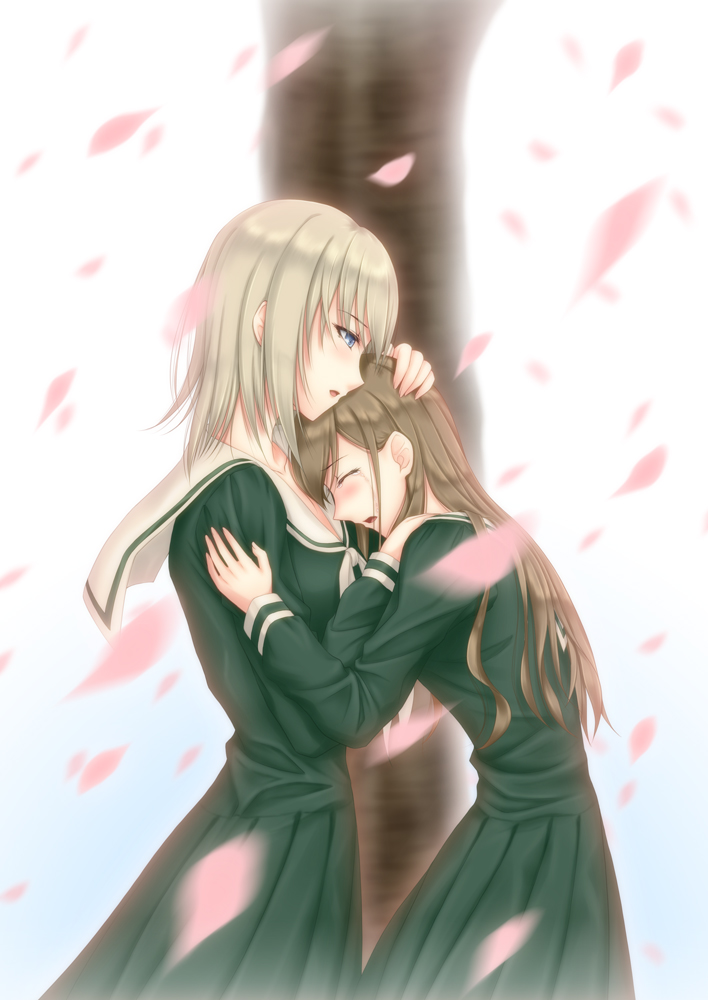 2girls, arm_grab, blonde_hair, blue_eyes, brown_hair, comforting, from_side, green_skirt