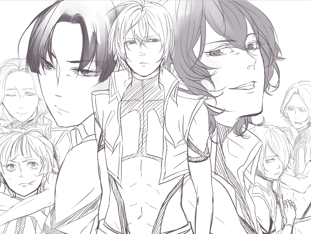 6+boys, abs, angelise_ikaruga_misurugi, chris_(cross_ange), cross_ange, ersha_(cross_ange), genderswap, greyscale
