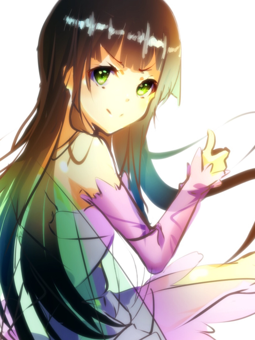 1girl, black_hair, fairy_wings, furisode_(pixilvina), green_eyes, highres, long_hair, pointy_ears
