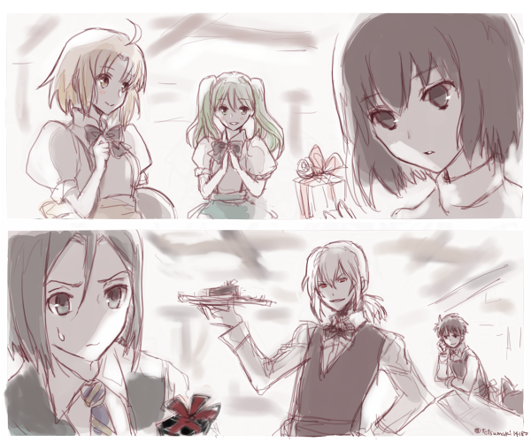 3boys, 3girls, ahoge, alternate_hairstyle, apron, black_eyes, black_hair, blue_eyes