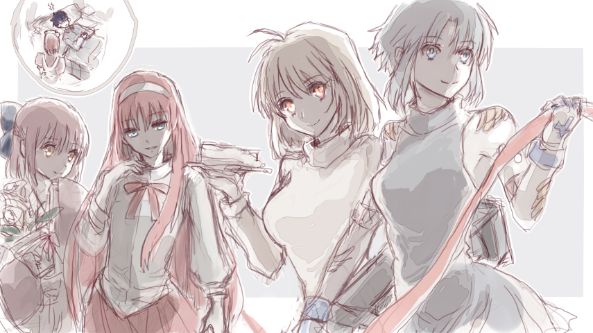 1boy, 5girls, apron, arcueid_brunestud, bed, blonde_hair, blue_eyes, blue_hair