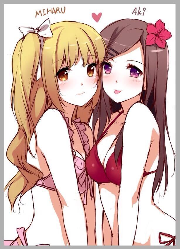 2girls, :p, aki_(caidychen), bangs, bikini, bikini_bottom, bikini_top, blonde_hair, blunt_bangs, blush, breasts, brown_hair, caidychen, cleavage, collarbone, flower_hair_ornament, frilled_swimsuit, frills, hair_ornament, hair_ribbon, hairclip, heart, long_hair, miharu_(caidychen), multiple_girls, original, parted_bangs, pink_swimsuit, red_swimsuit, ribbon, side-tie_bikini, side_ponytail, simple_background, sketch, smile, swimsuit, tongue, tongue_out, violet_eyes, wavy_hair, white_background, white_ribbon, yellow_eyes