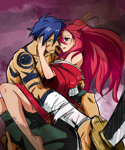 bandage, bare_shoulders, barefoot, blue_hair, bruise, dirt, dirty, dirty_feet, eyeshadow, hair_ornament, hakama, hold, holding, injury, japanese_clothes, kamina, kimono, long_hair, makeup, red_hair, redhead, rikko, shirtless, sword, tattoo, tengen_toppa_gurren_lagann, tengen_toppa_gurren_lagann:_parallel_works, weapon, yoko_littner, yoko_ritona, yukata