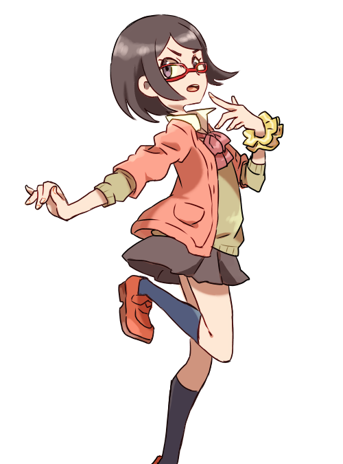 1girl, black_eyes, black_hair, glasses, lass_(pokemon), leg_up, mizuto_(o96ap), naruto