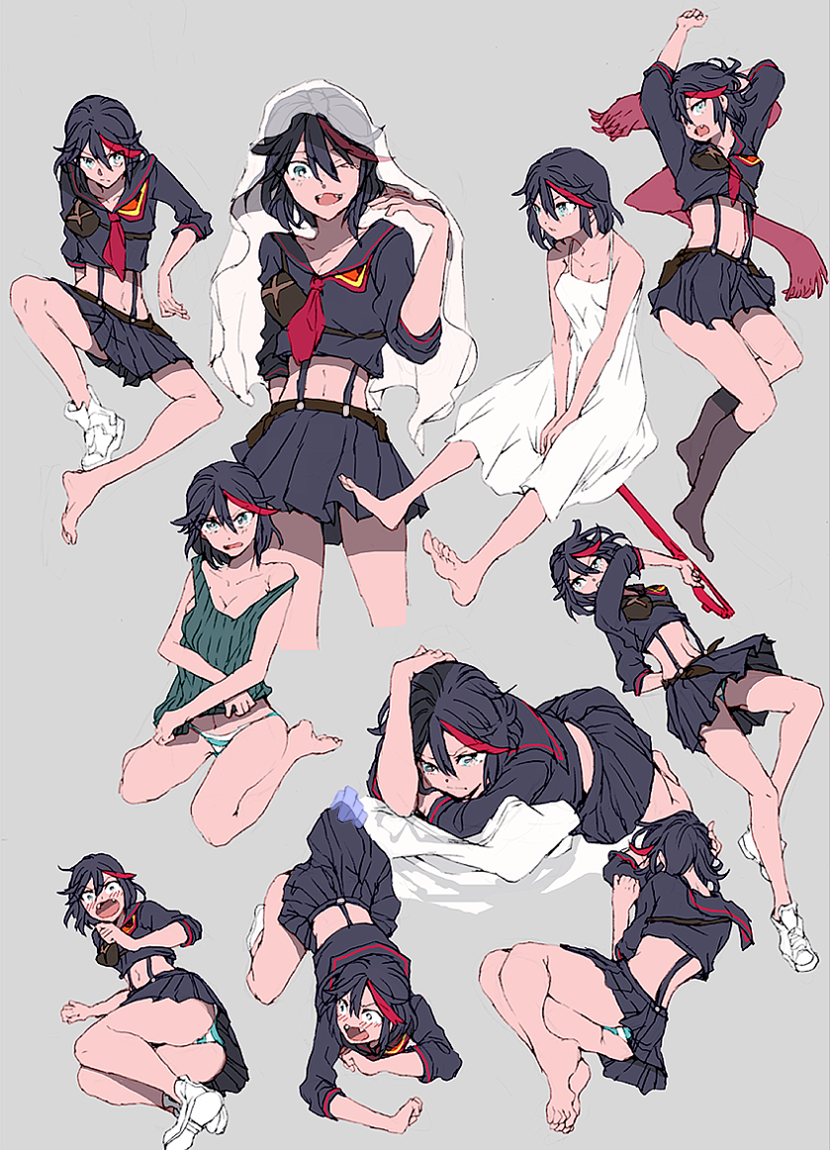 barefoot, black_hair, blush, dress, hatutaro, kill_la_kill, kneehighs, matoi_ryuuko