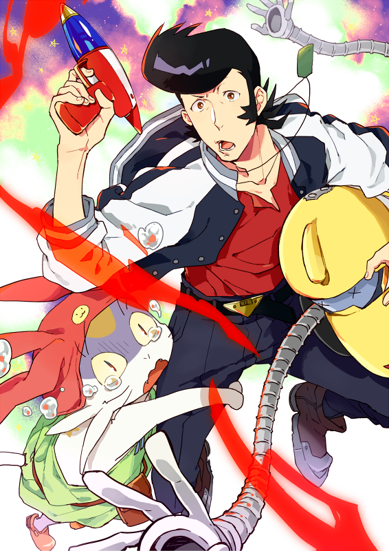 alien, dandy_(space_dandy), gun, leg_hug, letterman_jacket, male, meow_(space_dandy), mosuko