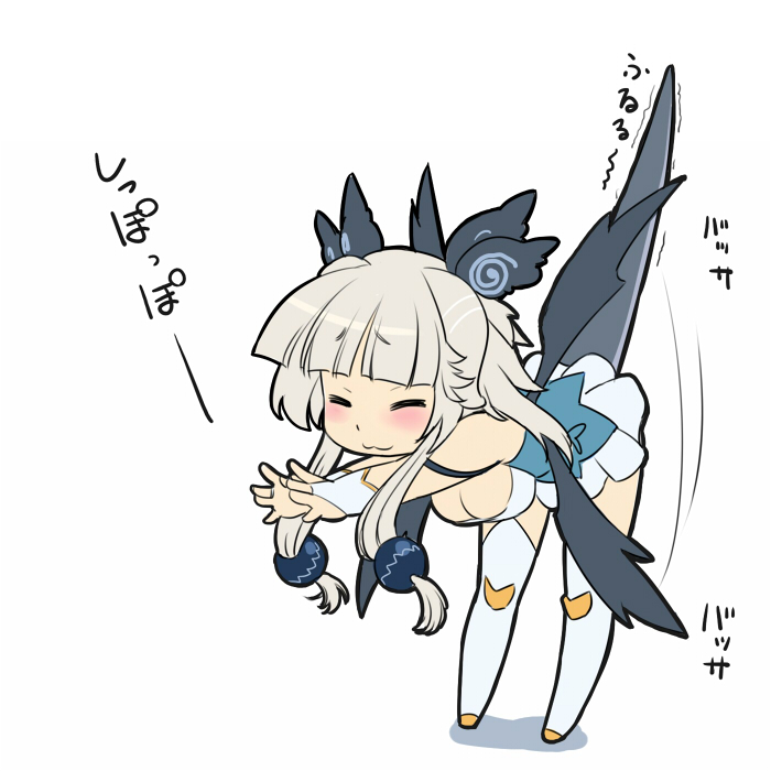 1girl, :3, anya_(sennen_sensou_aigis), bent_over, blush, breasts, bridal_gauntlets, chibi, cleavage, closed_eyes, dragon_girl, dragon_tail, dragon_wings, gochou_(kedama), grey_hair, hair_ornament, large_breasts, payot, sennen_sensou_aigis, stretch, tail, white_background, wings