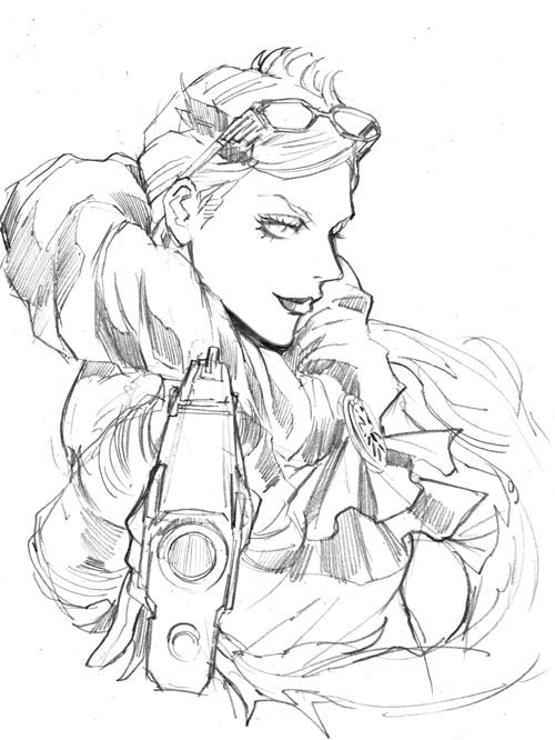 aiming_at_viewer, bayonetta, glasses_on_head, gun, jeanne_(bayonetta), lips, monochrome, sakakibara_mizuki