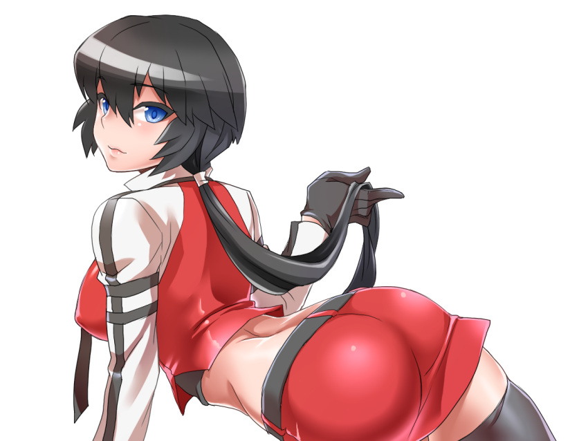 1girl, ass, black_gloves, black_hair, black_legwear, blue_eyes, breasts, chaos_code