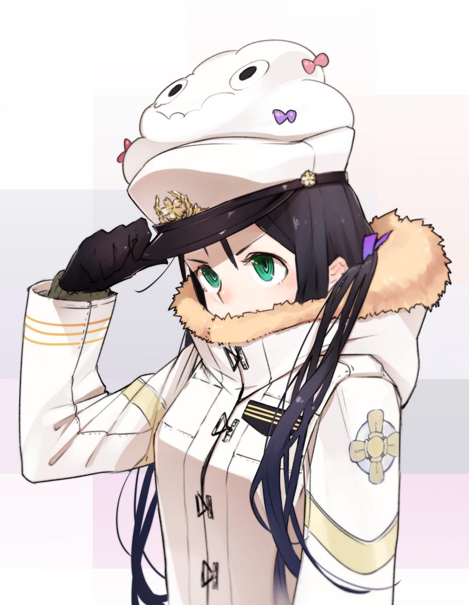 1girl, alternate_hair_color, black_gloves, black_hair, bust, covering_mouth, fur_trim, gloves