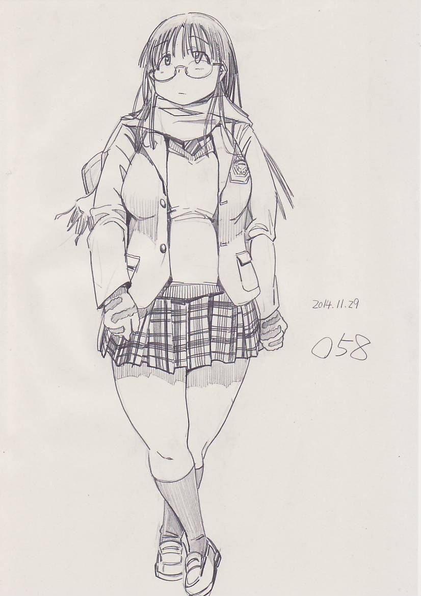 1girl, breasts, coat, crossed_legs, eyeroll, fat, glasses, kobayakawa_horan, large_breasts, leaning_back, loafers, long_hair, mittens, monochrome, nekokami, original, scarf, shoes, socks, solo, thick_thighs, thighs, wide_hips