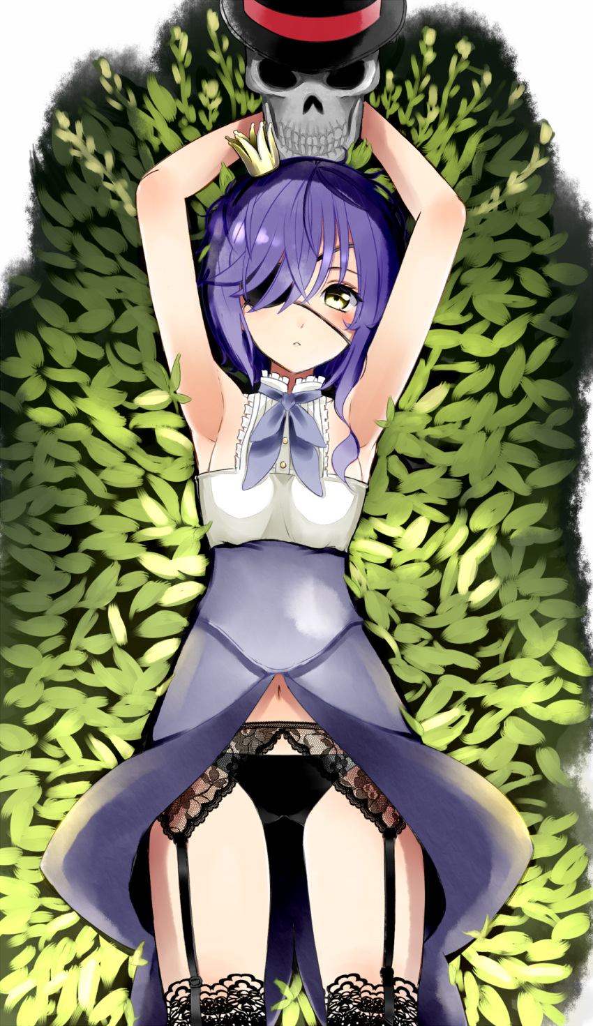 1girl, armpits, arms_up, black_legwear, black_panties, cowboy_shot, crown, dress