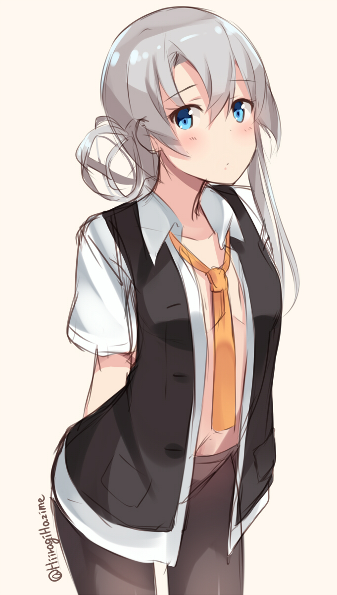 1girl, arms_behind_back, asymmetrical_hair, black_legwear, blue_eyes, blush, grey_hair, highres