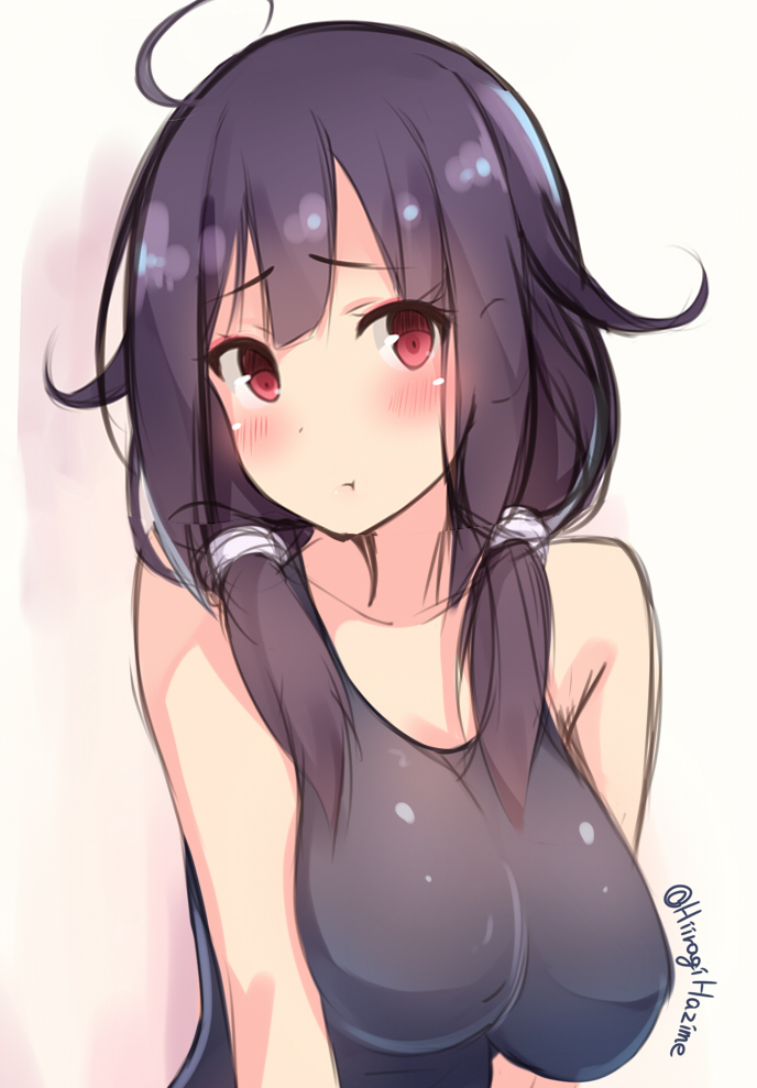 1girl, :t, ahoge, bare_shoulders, blush, breasts, bust, hair_flaps