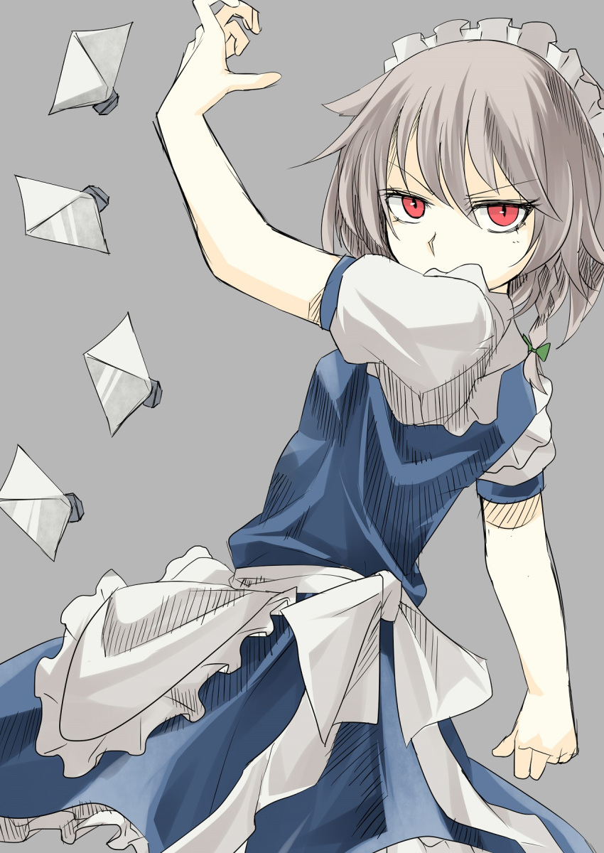 arai_togami, braid, highres, izayoi_sakuya, knife, maid, maid_headdress, red_eyes