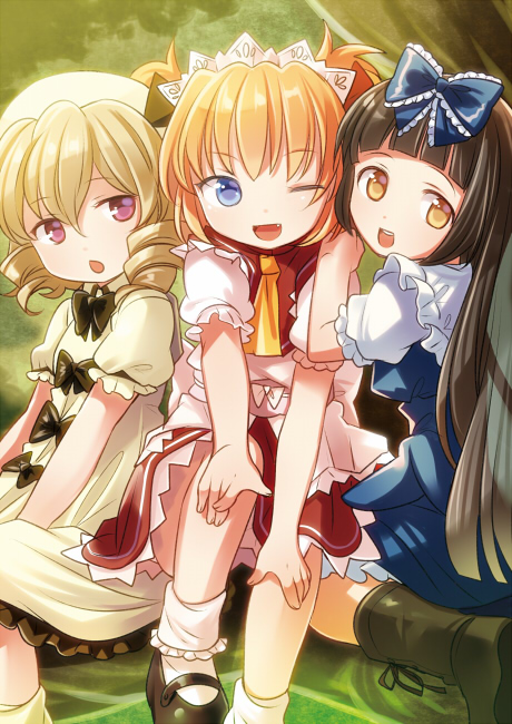 3girls, blonde_hair, blue_eyes, bobby_socks, brown_hair, chaba_(hortensia), dress, drill_hair