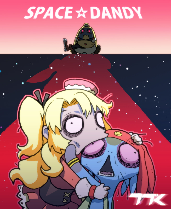 alien, blonde_hair, copyright_name, dandy_(space_dandy), eating, mamitas, meow_(space_dandy), qt_(space_dandy)