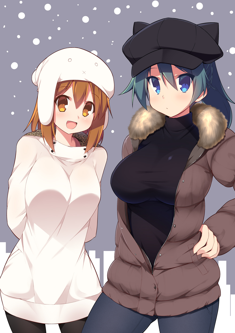 2girls, animal_hat, arms_behind_back, blue_eyes, blush, breasts, brown_eyes, brown_hair