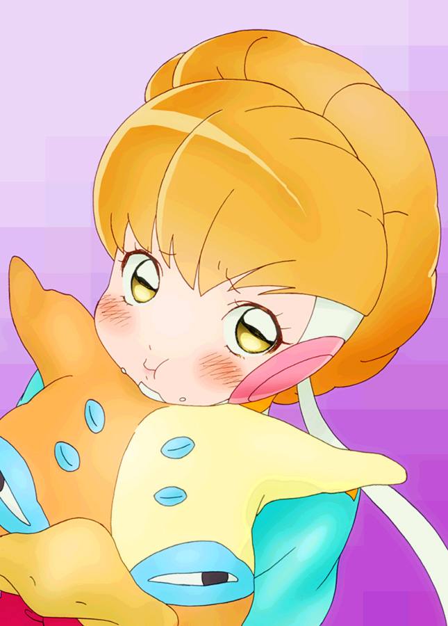1girl, adelie_(space_dandy), blonde_hair, blush, hair_bun, ozaki_(nattohda), puffy_cheeks, space_dandy, stuffed_toy, yellow_eyes