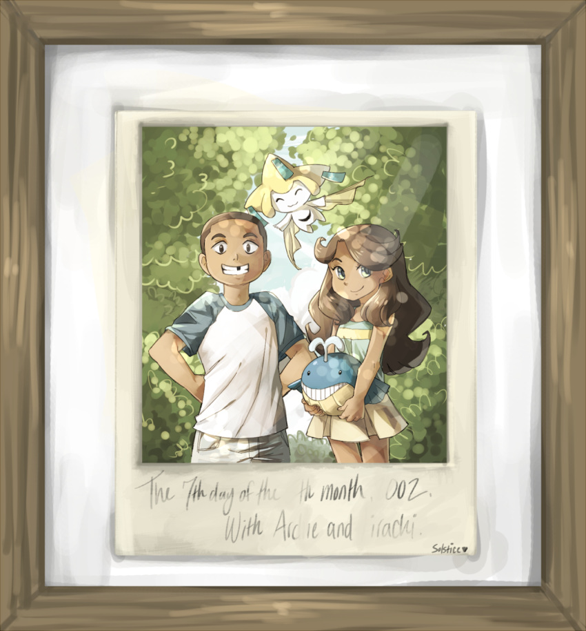 1boy, 1girl, aogiri_(pokemon), aogiri_(pokemon)_(remake), artist_name, blue_eyes, brown_hair, character_name, dark_skin, frame, highres, izumi_(pokemon), izumi_(pokemon)_(remake), jirachi, long_hair, photo_(object), pokemon, pokemon_(game), pokemon_oras, raglan_sleeves, skirt, solsticerose, team_aqua, wailmer