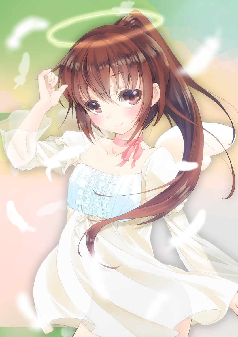 1girl, alternate_costume, angel_costume, angel_wings, blush, brown_eyes, brown_hair, choker