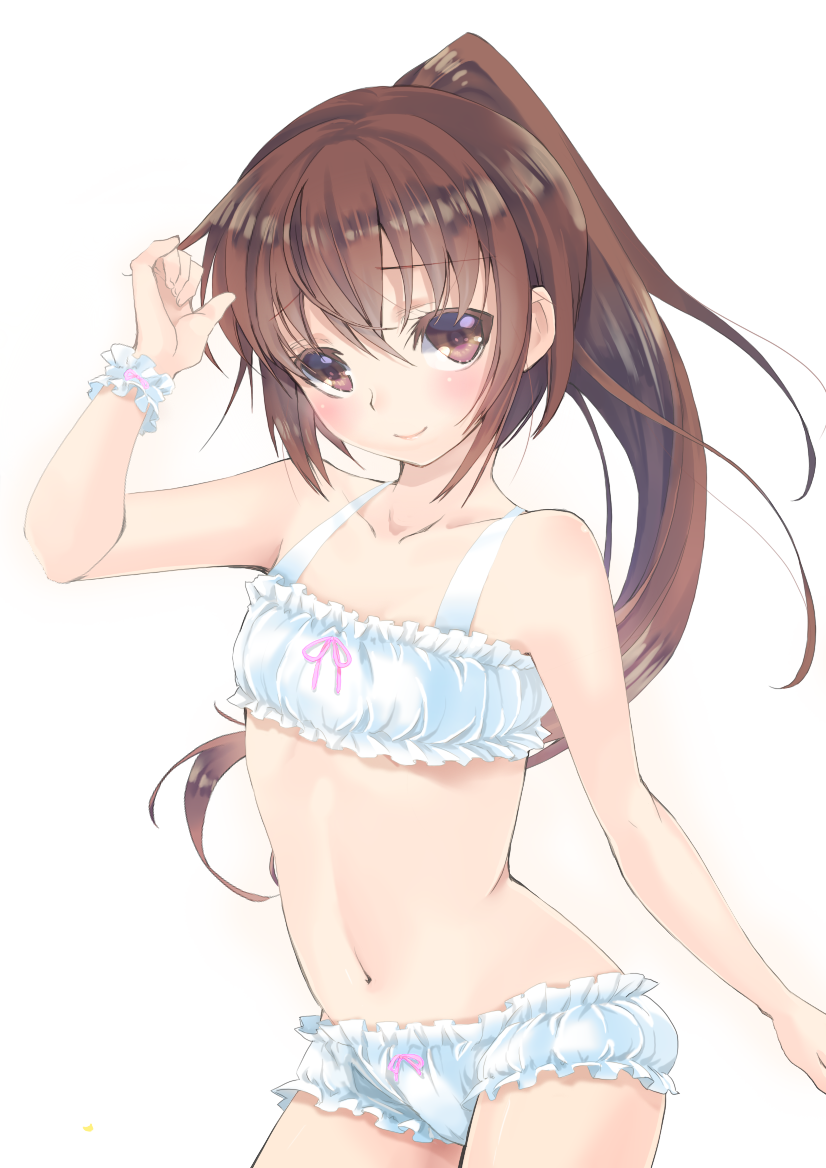1girl, bare_shoulders, bra, brown_eyes, brown_hair, collarbone, cowboy_shot, frilled_bra