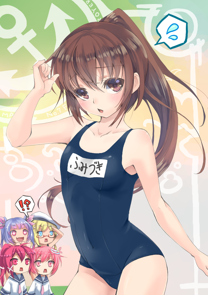 !?, +_+, 5girls, :3, alternate_costume, bare_shoulders, blonde_hair, blue_hair