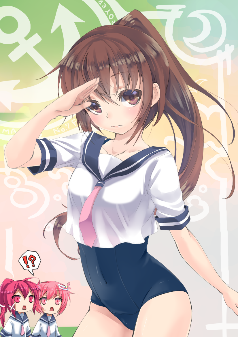 !?, 3girls, alternate_costume, blush, brown_hair, covered_navel, cowboy_shot, fumizuki_(kantai_collection)