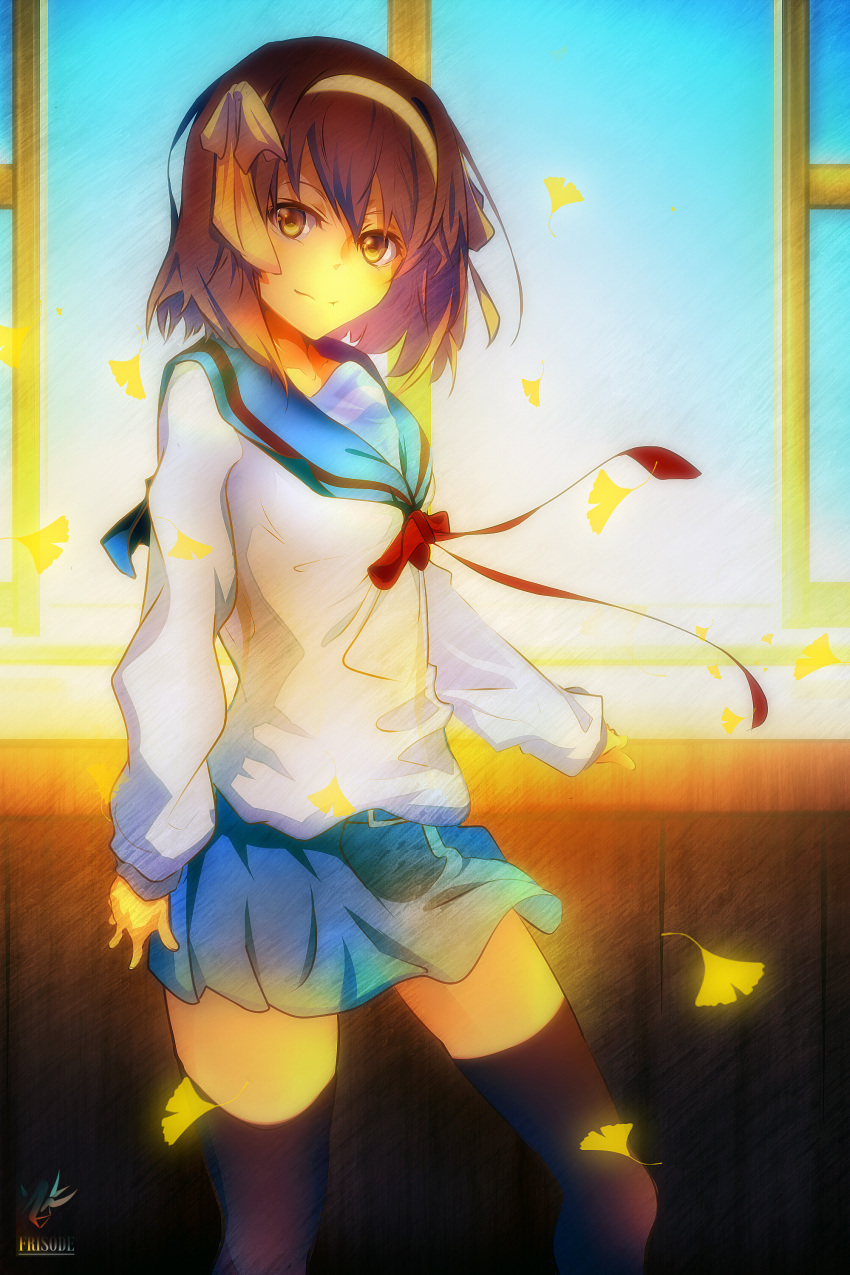 1girl, absurdres, bangs, black_legwear, bow, brown_eyes, brown_hair, furisode_(pixilvina)