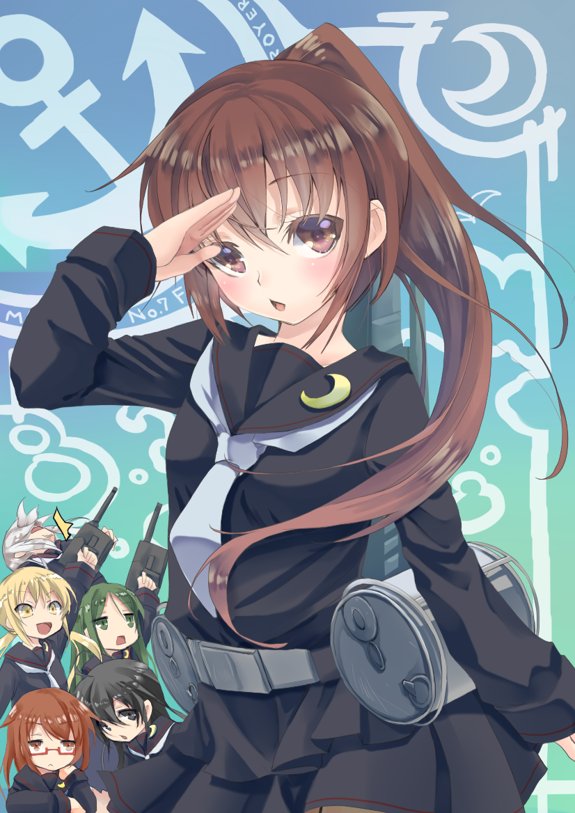 6+girls, :d, ahoge, arm_up, black_hair, black_serafuku, black_skirt, blonde_hair, blush, brown_eyes, brown_hair, depth_charge, fumizuki_(kantai_collection), glasses, green_eyes, green_hair, high_ponytail, kantai_collection, kikuzuki_(kantai_collection), long_hair, long_sleeves, looking_at_viewer, low_twintails, machinery, mikazuki_(kantai_collection), mochizuki_(kantai_collection), multiple_girls, nagatsuki_(kantai_collection), neckerchief, negativeundead, open_mouth, pleated_skirt, ponytail, sailor_collar, salute, satsuki_(kantai_collection), school_uniform, semi-rimless_glasses, serafuku, skirt, smile, solo_focus, twintails, white_hair, yellow_eyes