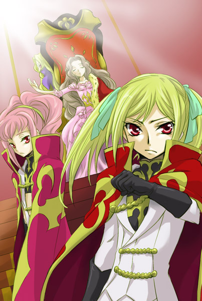 alice_(code_geass), anya_alstreim, artist_request, blind, blonde_hair, bodysuit, breasts, brown_hair, cape, code_geass, dress, dual_persona, flat_chest, fur, gloves, hair_ribbon, knight, long_hair, mark_nemo, midriff, multiple_girls, navel, nemo_(nightmare_of_nunnally), nightmare_of_nunnally, nunnally_lamperouge, pink_hair, red_eyes, ribbon, sitting, source_request, throne, twintails