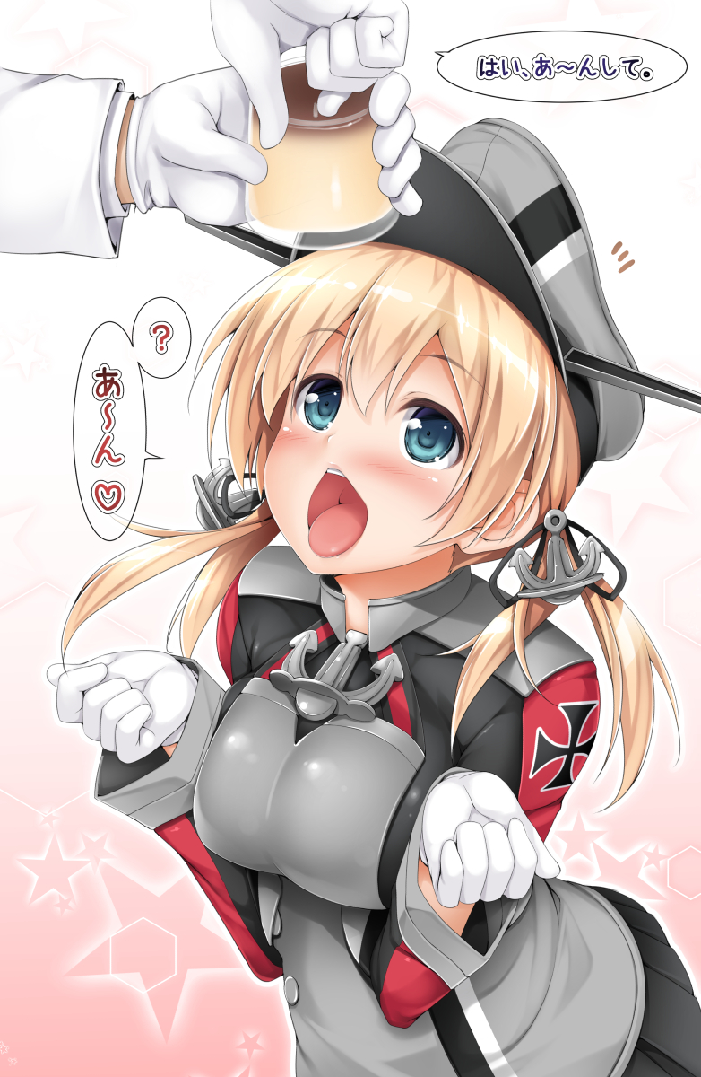 1girl, anchor_hair_ornament, aqua_eyes, blonde_hair, blush, gloves, hair_ornament, hat