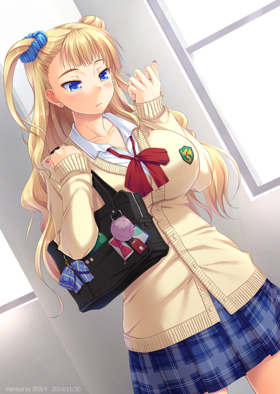 1girl, bag, blonde_hair, blue_eyes, bookbag, breasts, gyaru-ko, huge_breasts