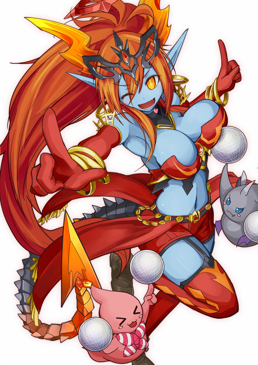 +_+, 1girl, ;d, armor, bangle, belt, blue_skin, bracelet, breasts, cleavage, devilit, dub-rubylit, elbow_gloves, gloves, hera-ur_(p&amp;d), hera_(p&amp;d), highres, horns, jewelry, large_breasts, long_hair, memento_vivi, midriff, navel, one_eye_closed, open_mouth, pointy_ears, ponytail, puzzle_&amp;_dragons, redhead, shorts, simple_background, smile, solo, standing_on_one_leg, tail, thigh-highs, white_background, yellow_eyes, zettai_ryouiki