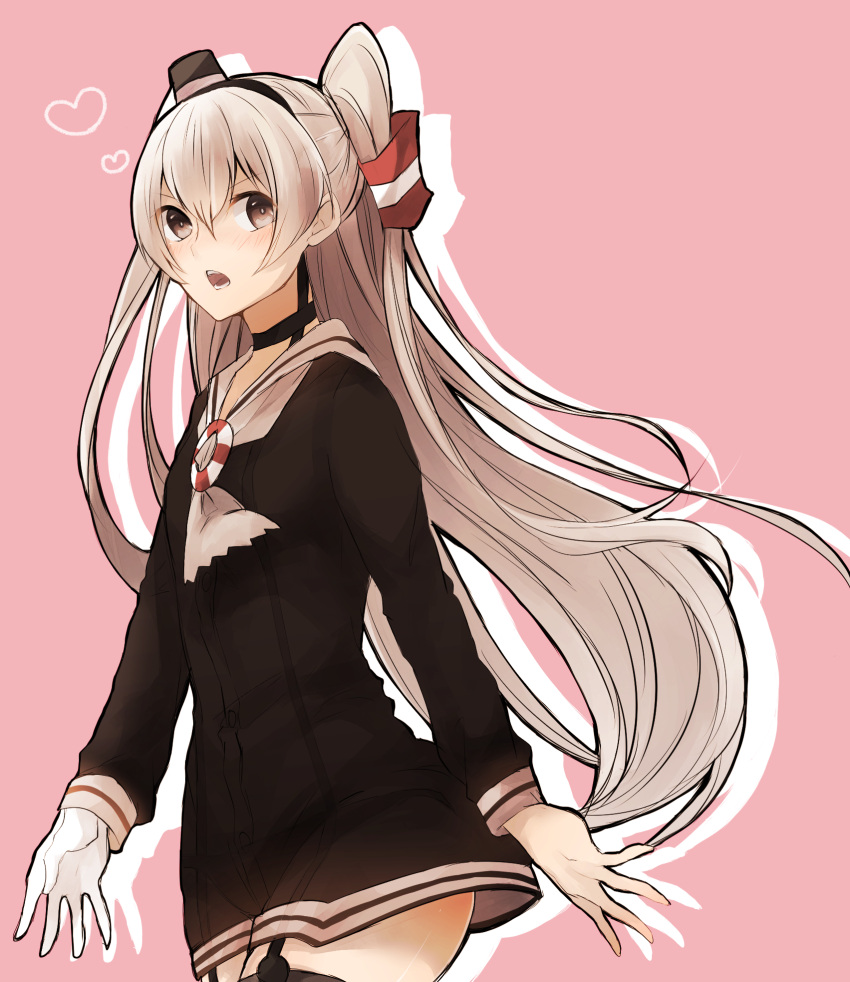 amatsukaze_(kantai_collection), brown_eyes, gloves, hairband, heart, highres, kantai_collection, kurage_(pixiv), long_hair, silver_hair, thigh-highs, twintails, uniform