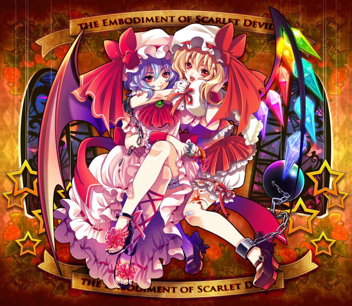 ankle_cuffs, ball_and_chain, bandaid, bat_wings, blonde_hair, bloomers, chain, crystal