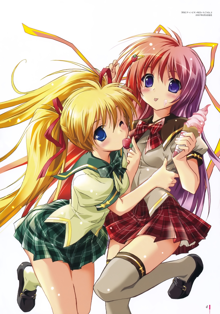 2girls, absurdres, ayasaka_mei, blonde_hair, blue_eyes, food, fruit, hagano_ichigo
