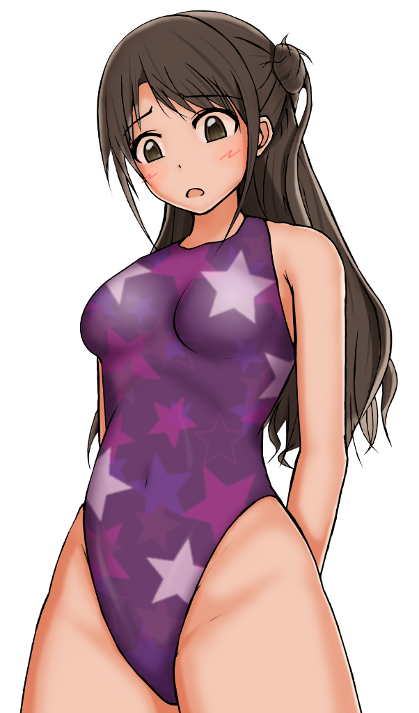 1girl, brown_eyes, brown_hair, competition_swimsuit, hitofudegaki_usagi, idolmaster, idolmaster_cinderella_girls, long_hair, looking_down, one-piece_swimsuit, shimamura_uzuki, star_print, swimsuit