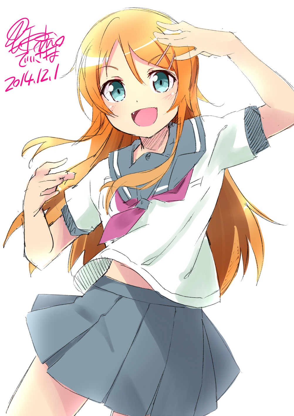 1girl, dated, fang, green_eyes, highres, kousaka_kirino, long_hair, orange_hair