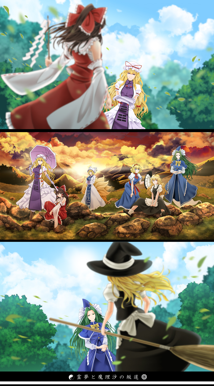 6+girls, alice_margatroid, animal_ears, arkatopia, ascot, blonde_hair, blue_eyes, blurry, bow, braid, brown_hair, capelet, crossed_arms, depth_of_field, detached_sleeves, dress, fox_tail, green_eyes, green_hair, hair_bow, hair_tubes, hairband, hakurei_reimu, hat, highres, kirisame_marisa, leaf, long_hair, mima, multiple_girls, multiple_tails, parasol, ribbon, short_hair, smile, sunset, tabard, tail, touhou, umbrella, violet_eyes, wind, witch_hat, wizard_hat, yakumo_ran, yakumo_yukari, yellow_eyes